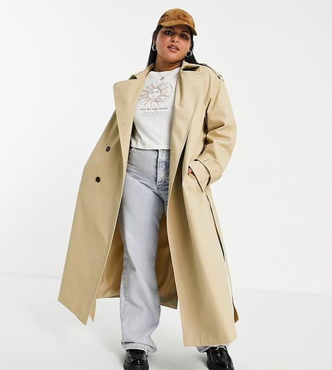 Asos Design Curve Longline Trench Coat In Stone-brown