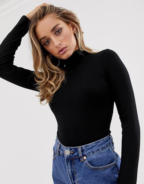 Asos Design - Body Dolcevita A Maniche Lunghe A Coste Nero - Nero