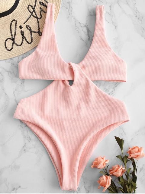 Zaful Traje De Baño Hundido Torcido Acanalado Light Pink Orange Salmon