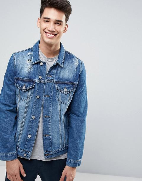 Asos Denim - Giacca Di Jeans Blu Medio Con Strappi - Blu