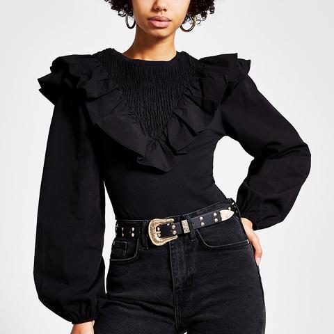 Black Long Sleeve Frill Front Blouse