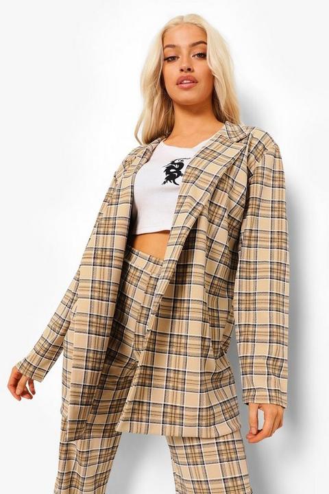 Womens Tonal Check Oversized Blazer - Beige - 10, Beige