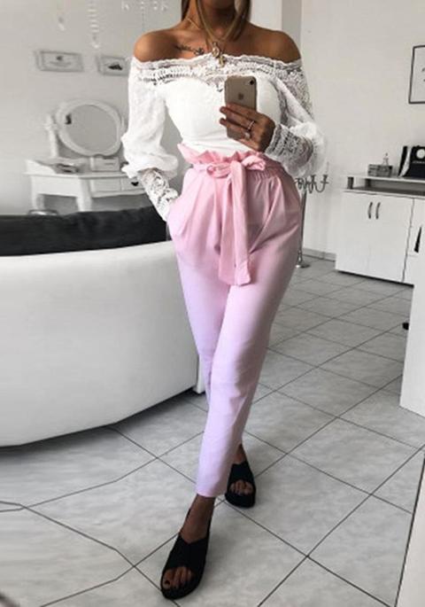 Pantaloni Lunghi Fasce Tasche Casuale Rosa