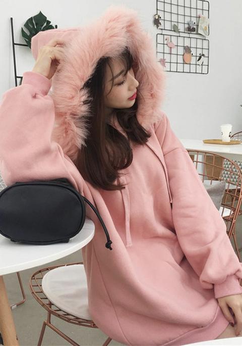 Pink Drawstring Hooded Long Sleeve Pullover Sweatshirt