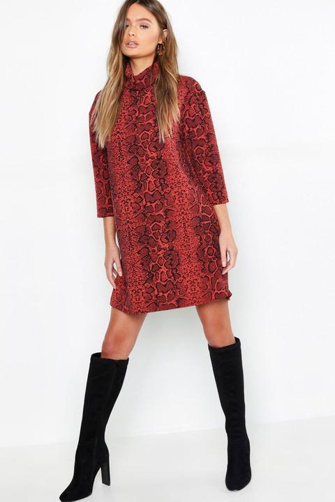 Roll Neck Oversized Snake Print Shift Dress