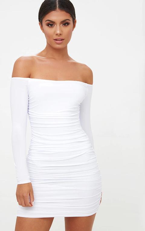 White Bardot Ruched Bodycon Dress