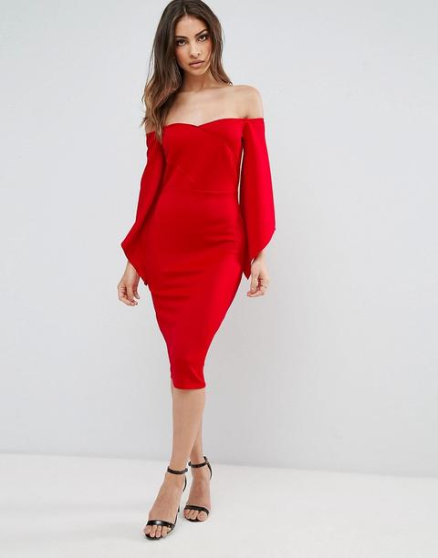 Club L - Vestito Midi Con Scollo Alla Bardot E Maniche Svasate - Rosso