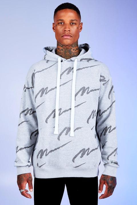 Mens Grey Deno Driz Loose Fit Hoodie With Man Print, Grey