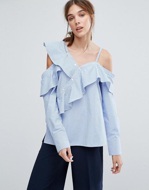 Neon Rose - Top A Righe Stile Camicia Con Volant Asimmetrico - Blu