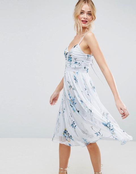 Asos Mesh Ruched Floral Midi Dress