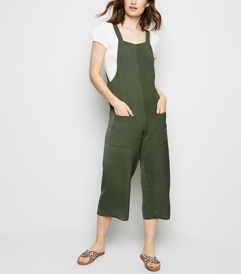 Khaki Square Neck Herringbone Dungaree Jumpsuit New Look