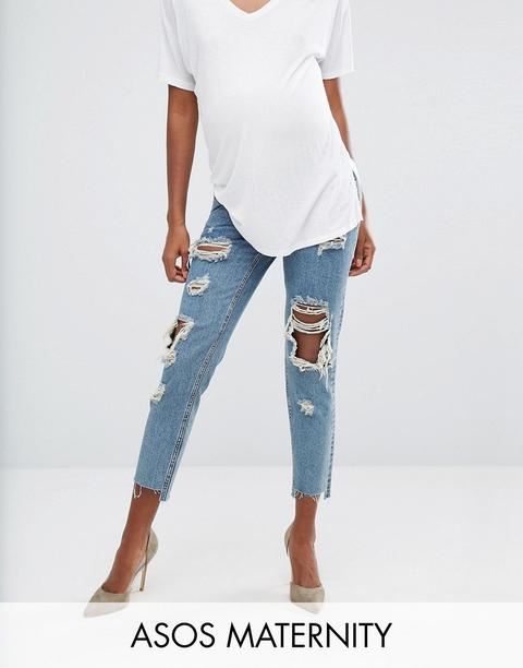 Vaqueros Mom Originales Con Lavado A La Piedra Medio Jana Con Roturas, Bajo Escalonado Y Cinturilla Bajo El Vientre De Asos Maternity