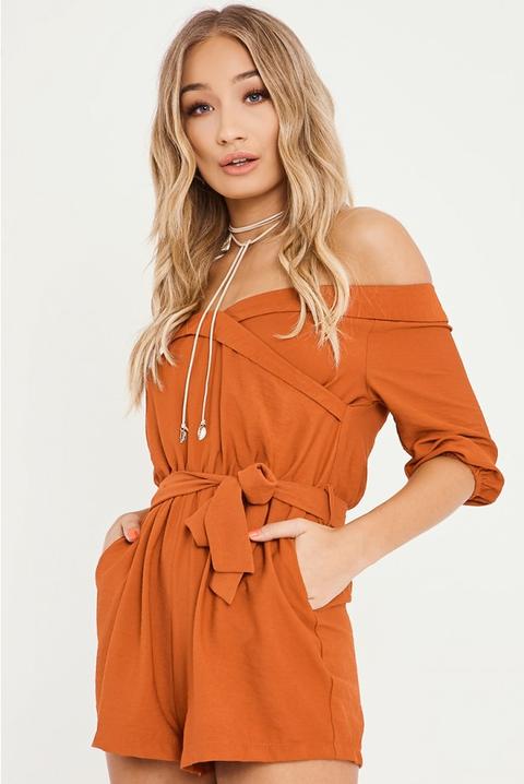 Charlotte Crosby Rust Wrap Front Bardot Playsuit