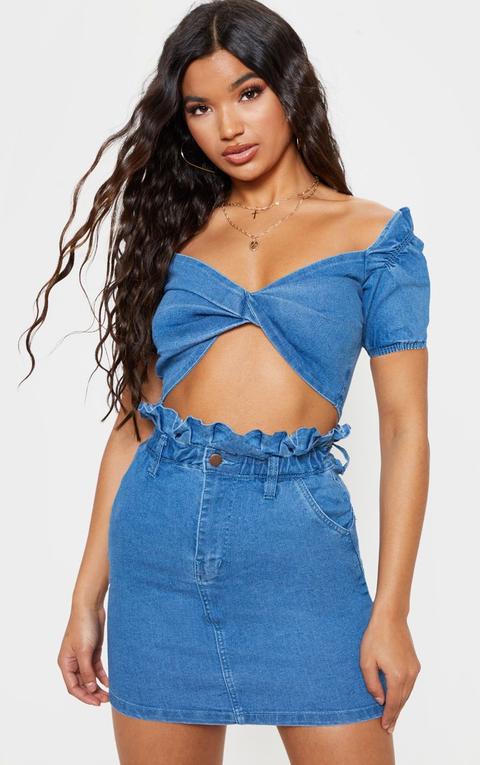 Light Wash Twist Front Frill Shoulder Crop Top