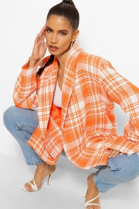 Womens Check Boucle Double Breasted Boxy Blazer - Orange - 8, Orange