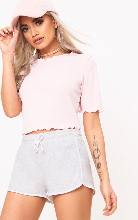 Baby Pink Frill Contrast Edge Crop Top, Pink