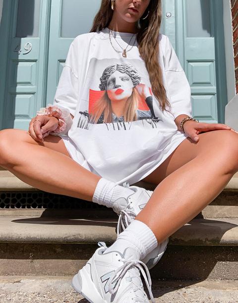 Asos Design Oversized T-shirt Dress In White With Abstract Face Graphic