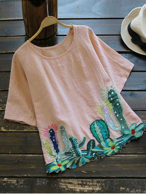 Cuello Redondo Cacti Blusa Bordada Yellow Green White Pink