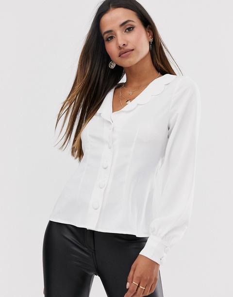 Fashion Union Button Down Blouse With Puff Sleeves And Scallop Collar-white