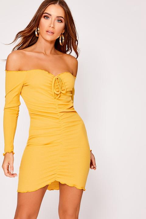 Mustard Dresses - Elissah Mustard Ribbed Bardot Ruched Mini Dress