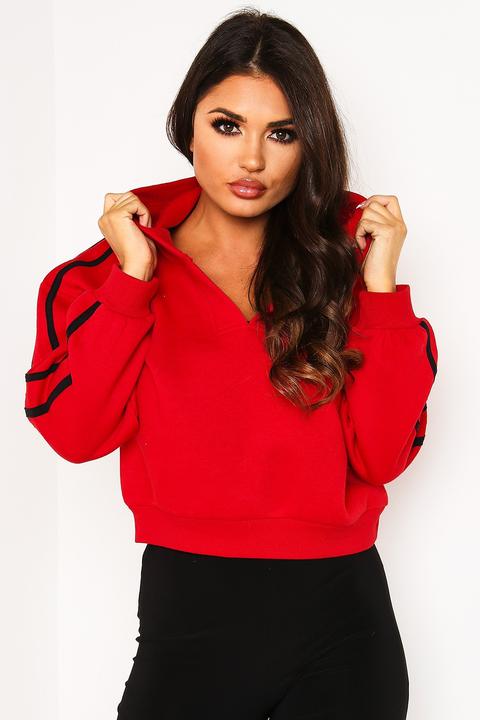 Red V Neck Hooded Stripe Sweater