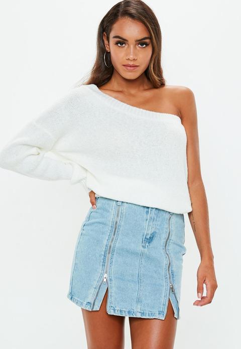 Cream One Shoulder Fluffy Knitted Jumper, Cream