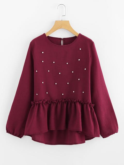 Blusa Asimétrica Con Perlas Y Volantes