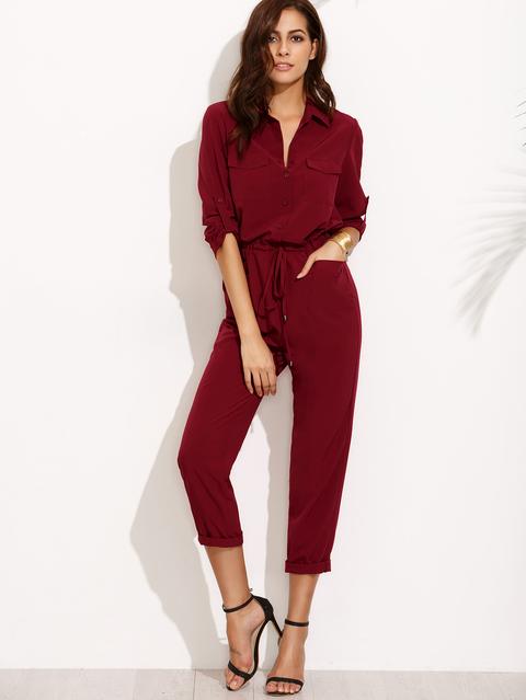 Tie Waist Pocket Rolled Sleeve Jumpsuit