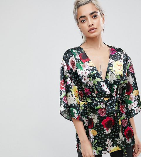 Asos Petite - Top Avvolgente A Kimono Con Fiori Digitali - Multicolore