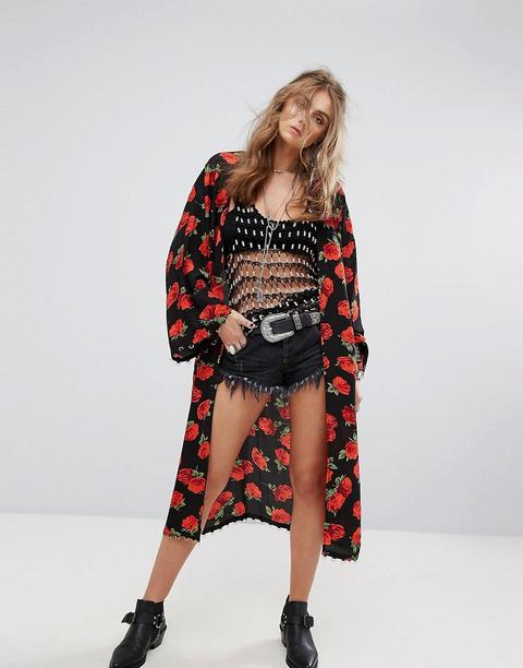 Kiss The Sky - Maxi-kimono Mit Metallring Und Romantischem Rosenprint - Mehrfarbig