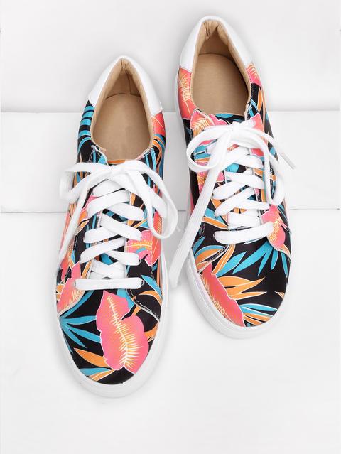 Floral Print Lace Up Sneakers