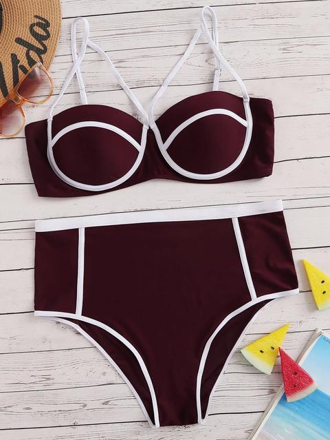 Set Bikini A Vita Alta Con Imbracatura E Profili A Contrasto