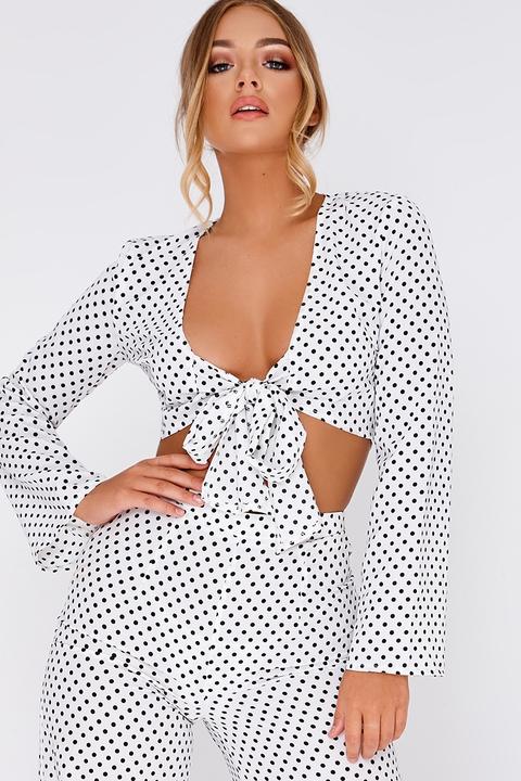 White Tops - Billie Faiers White Polka Dot Tie Front Crop Top