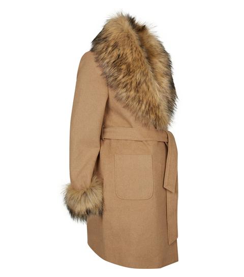 Camel detachable faux fur trim coat Clearance