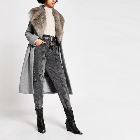 Grey Faux Fur Collar Longline Coat