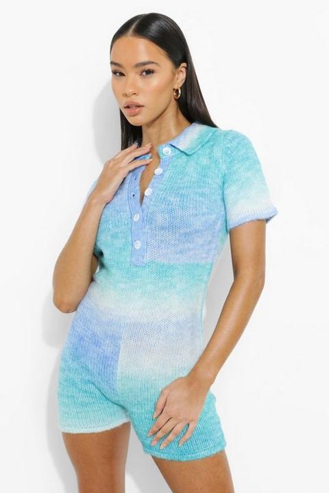 Womens Ombre Knitted Playsuit - Blue - M, Blue