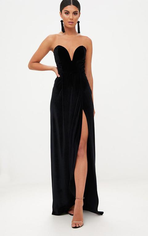 Black Velvet Draped Wrap Detail Bandeau Maxi Dress