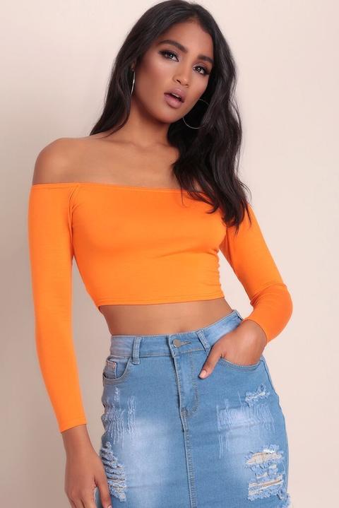 Orange Basic Bardot Long Sleeve Crop Top