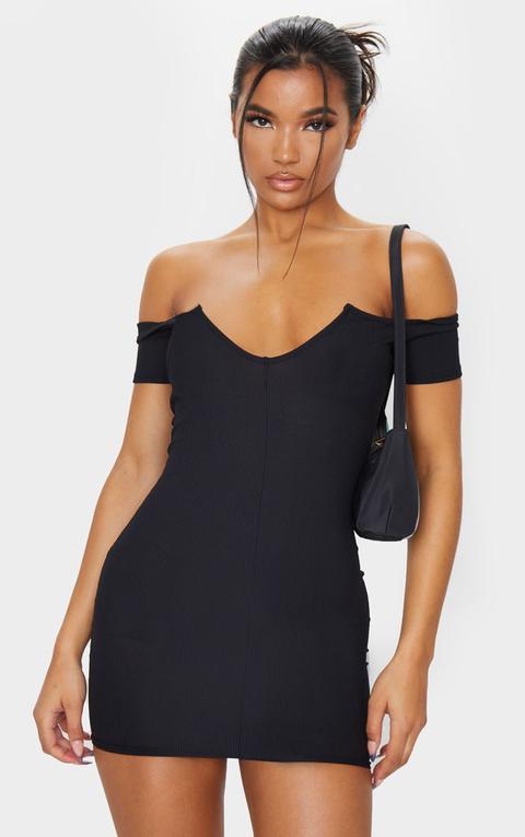 Robe Moulante Noire Côtelée À Encolure Bateau Et Décolleté Plongeant, Noir