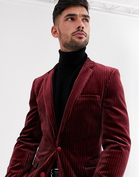 Asos Design Super Skinny Blazer In Burgundy Velvet Stripe-red