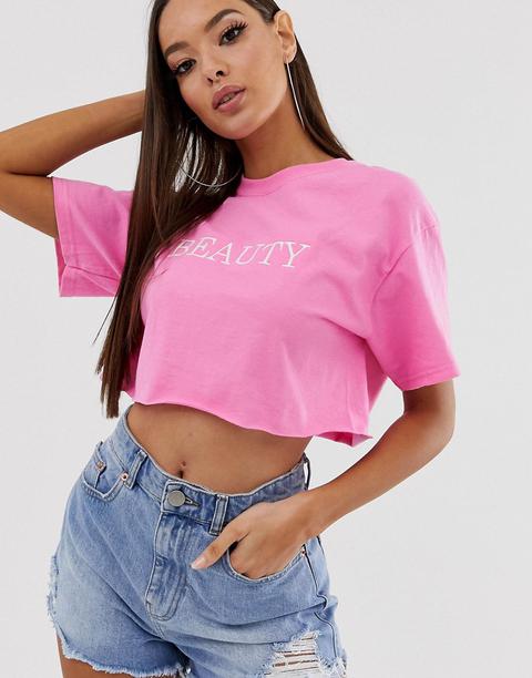 Prettylittlething - T-shirt Corta Rosa Con Scritta "beauty - Rosa