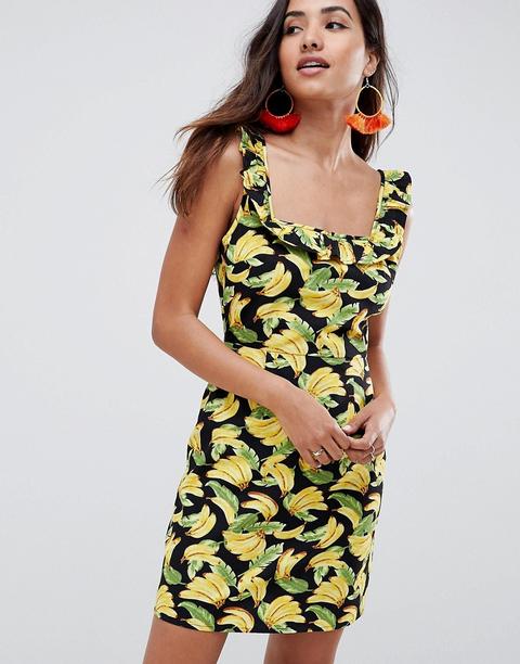 Asos Design - Vestitino Estivo Con Stampa Di Banane E Volant Sul Davanti - Multicolore