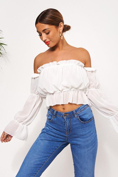 White Bardot Frill Crop Top