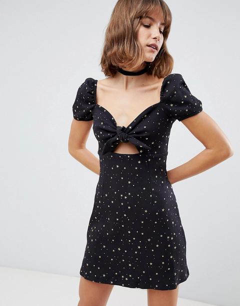 Glamorous - Vestito Da Giorno Con Stampa Di Stelle E Allacciatura Sul Davanti - Nero