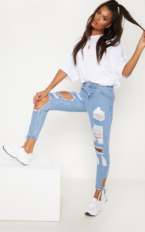 Light Wash Tie Hem Distressed Mom Jeans