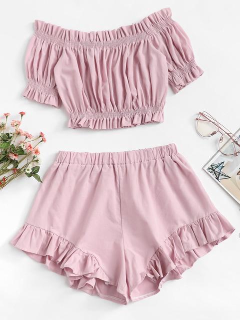 Ruffle Hem Off The Shoulder Frill Two-piece Outfit