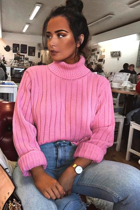 Pink Wide Rib Roll Neck Jumper - Joyanna