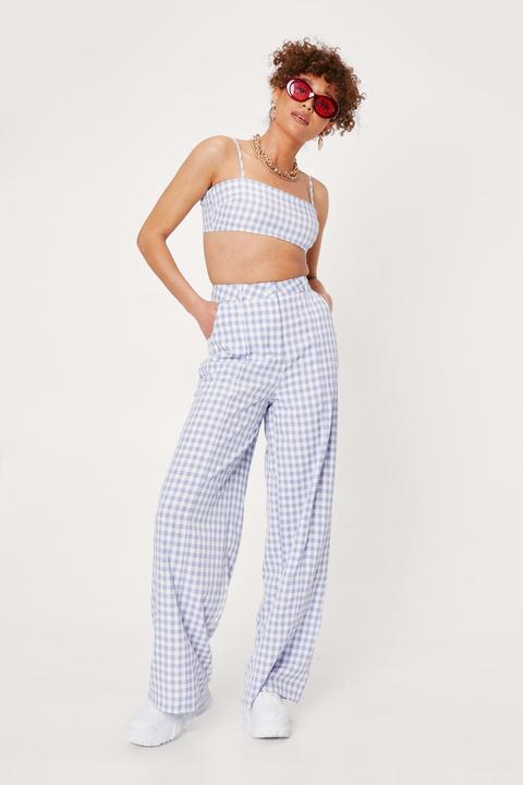 Womens Gingham Print Tailored Wide Leg Trousers