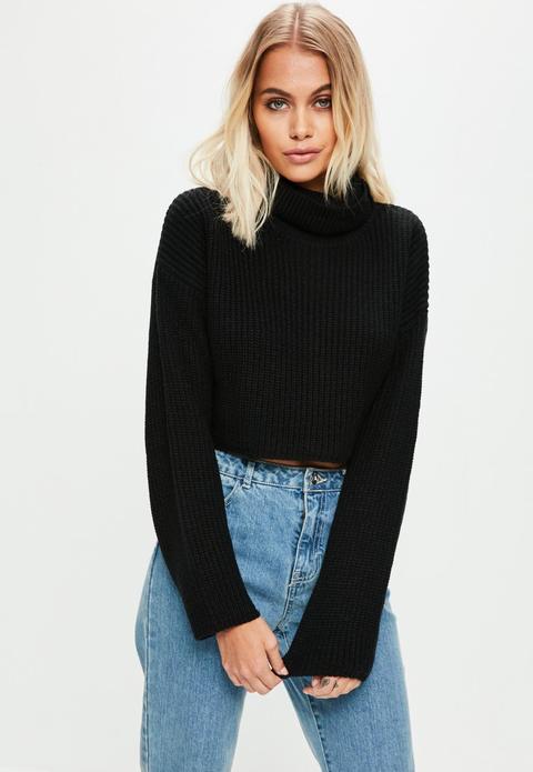 Black Roll Neck Knitted Crop Jumper, Black