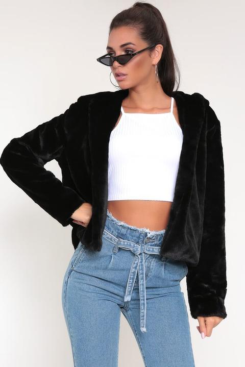 black cropped faux fur hooded coat